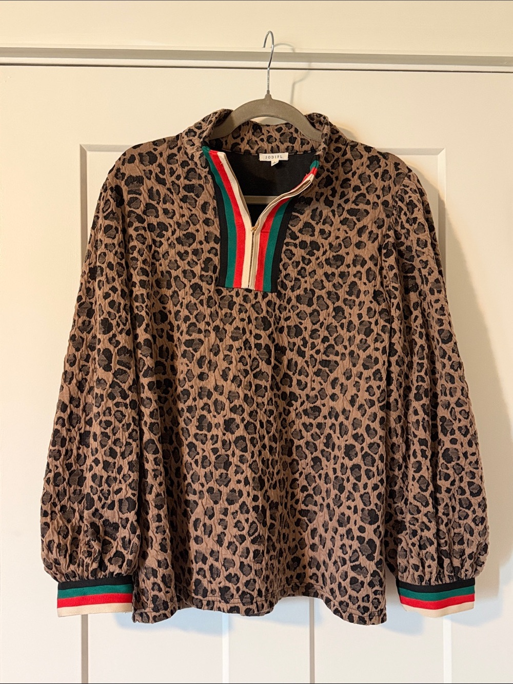 JODIFL Brown and Black Leopard Print Pullover with Green-Red-Cream Trim